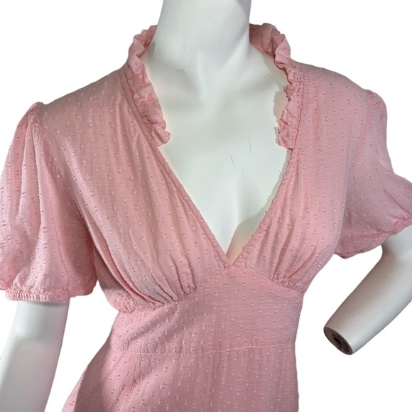 NEON Rose Ruffle V-Neck Pink Fit and Flair Dress with Swiss Dots & Ruffle Hem L - Picture 3 of 14